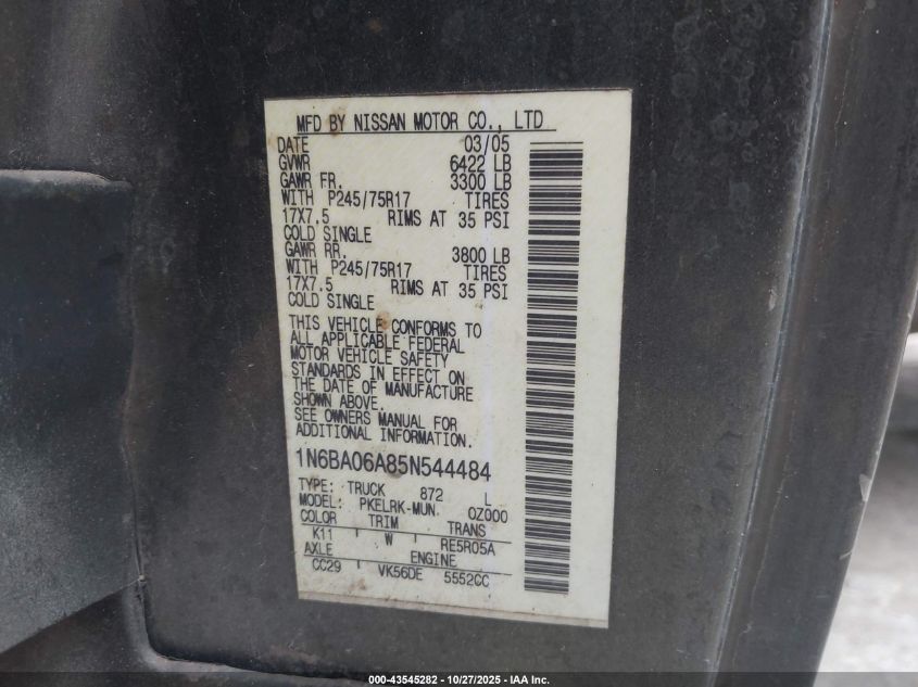 2005 Nissan Titan Xe VIN: 1N6BA06A85N544484 Lot: 43545282