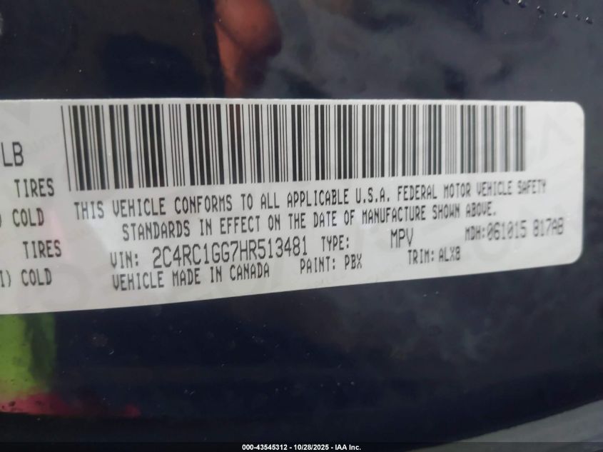 2017 Chrysler Pacifica Limited VIN: 2C4RC1GG7HR513481 Lot: 43545312