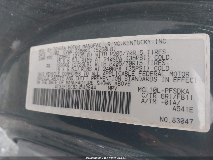 2003 Toyota Sienna Ce VIN: 4T3ZF19C83U542844 Lot: 43545323