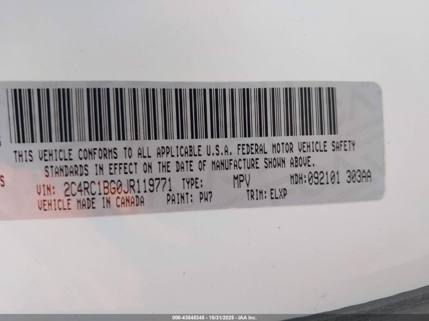 2018 Chrysler Pacifica Touring L VIN: 2C4RC1BG0JR119771 Lot: 43545345