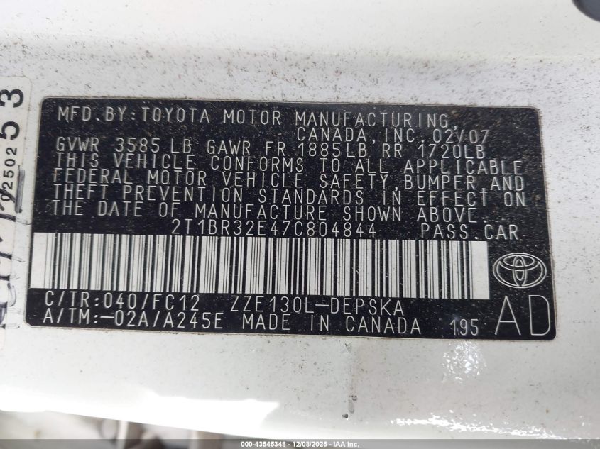 2007 Toyota Corolla S VIN: 2T1BR32E47C804844 Lot: 43545348