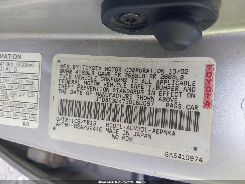 2003 Toyota Camry Le VIN: JTDBE32K730160097 Lot: 43545406