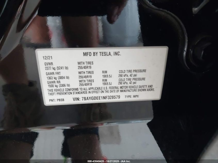 2022 Tesla Model Y Long Range Dual Motor All-Wheel Drive VIN: 7SAYGDEE1NF328579 Lot: 43545425