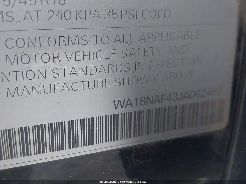 2018 Audi A4 Allroad 2.0T Premium/2.0T Tech Premium VIN: WA18NAF43JA062499 Lot: 43545466