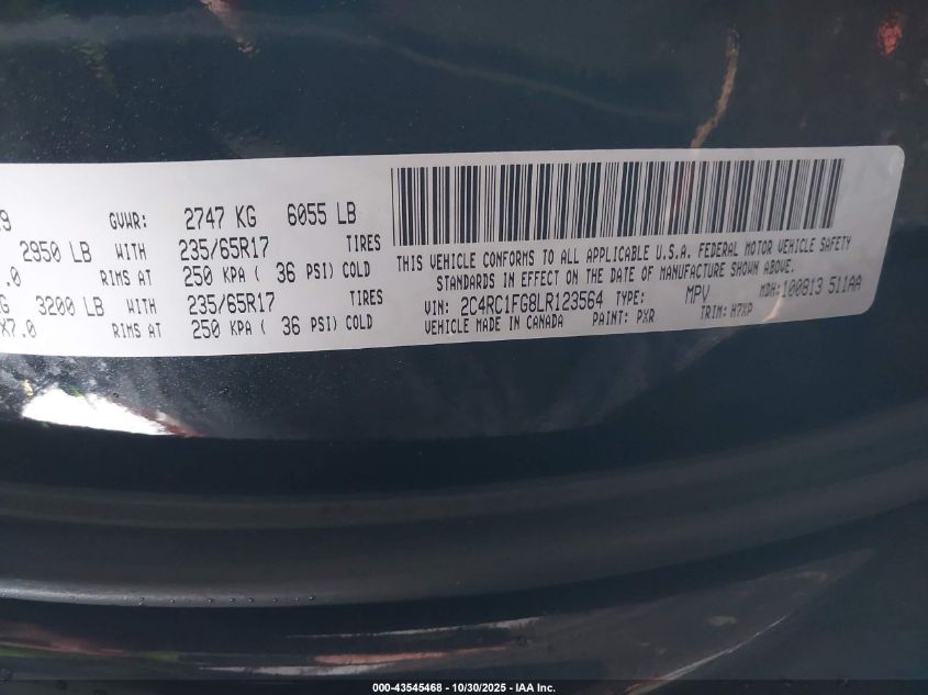 2020 Chrysler Pacifica Touring VIN: 2C4RC1FG8LR123564 Lot: 43545468