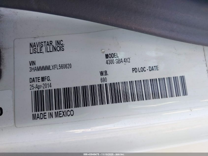 2015 International 4000 4300 VIN: 3HAMMMMLXFL560620 Lot: 43545475