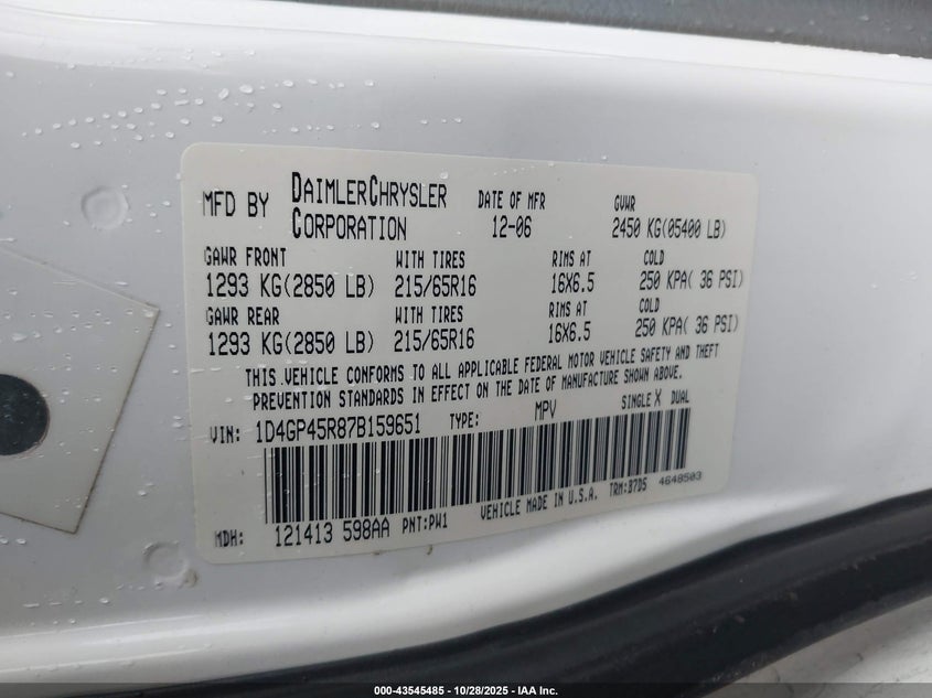 2007 Dodge Caravan Sxt VIN: 1D4GP45R87B159651 Lot: 43545485
