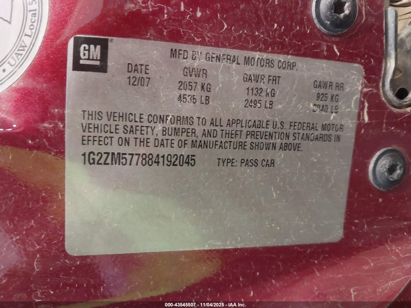 2008 Pontiac G6 Gxp VIN: 1G2ZM577884192045 Lot: 43545507