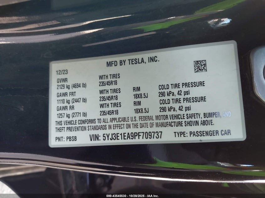 2023 Tesla Model 3 Rear-Wheel Drive VIN: 5YJ3E1EA9PF709737 Lot: 43545530