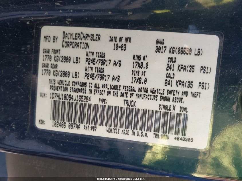 2004 Dodge Ram 1500 Slt/Laramie VIN: 1D7HU18D44S674592 Lot: 43545571