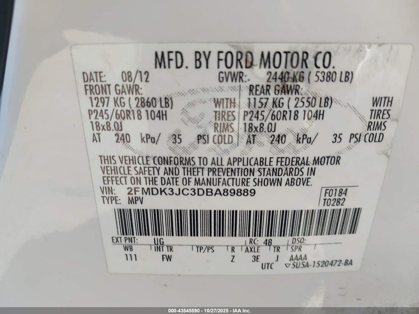2FMDK3JD3DBA89889 2013 FORD EDGE photo no. 9