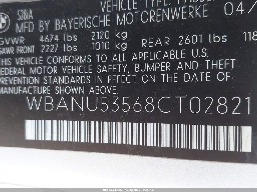 2008 BMW 528I VIN: WBANU53568CT02821 Lot: 43545627