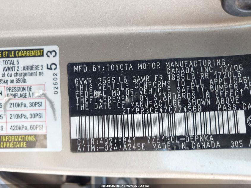 2007 Toyota Corolla Le VIN: 2T1BR30E47C774568 Lot: 43545636