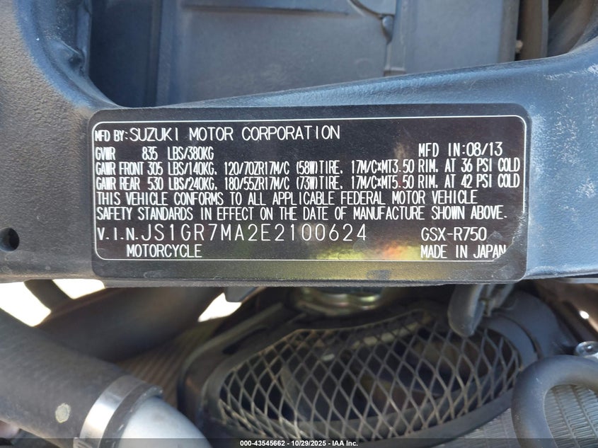 2014 Suzuki Gsx-R750 VIN: JS1GR7MA2E2100624 Lot: 43545662