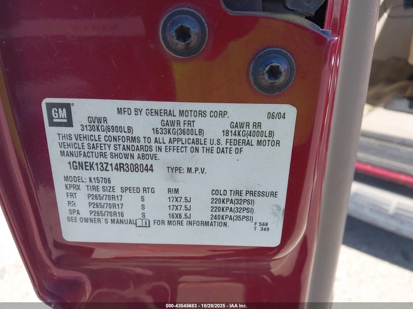 2004 Chevrolet Tahoe Lt VIN: 1GNEK13Z14R308044 Lot: 43545683