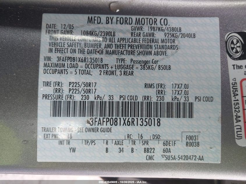 2006 Ford Fusion Sel VIN: 3FAFP081X6R135018 Lot: 43545689
