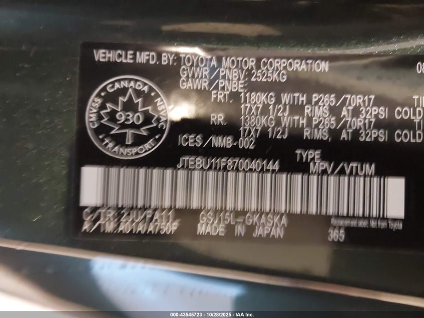 2007 Toyota Fj Cruiser VIN: JTEBU11F870040144 Lot: 43545723