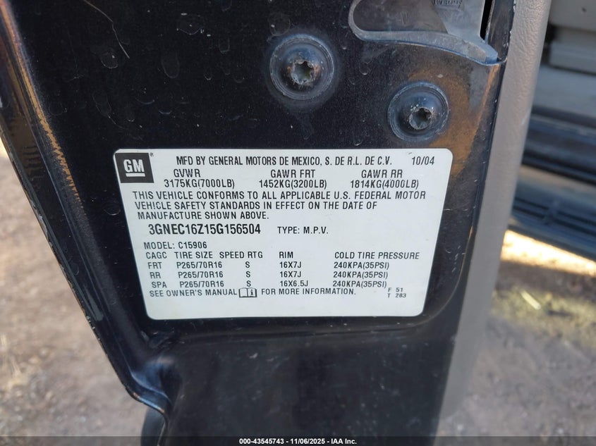 2005 Chevrolet Suburban 1500 Ls VIN: 3GNEC16Z15G156504 Lot: 43545743