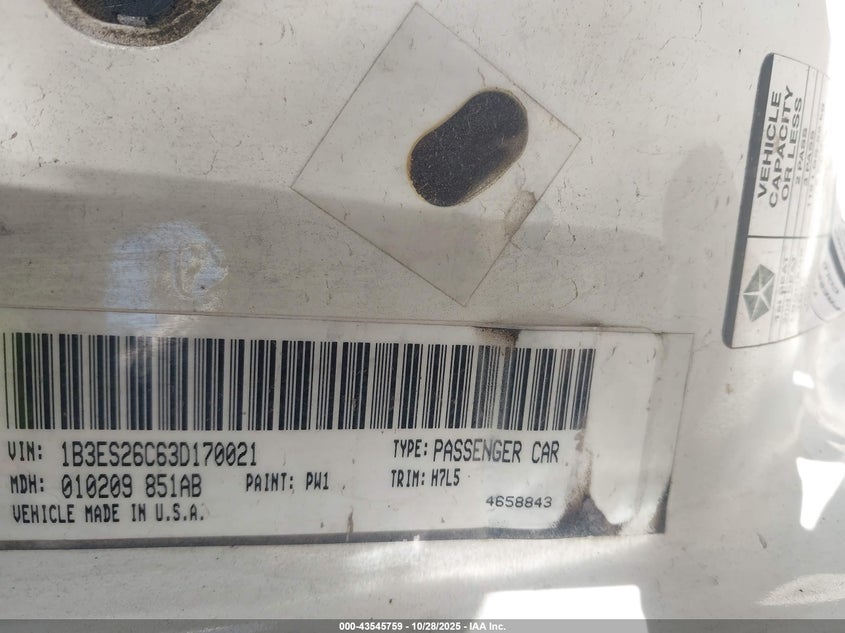 2003 Dodge Neon VIN: 1B3ES26C63D17002 Lot: 43545759