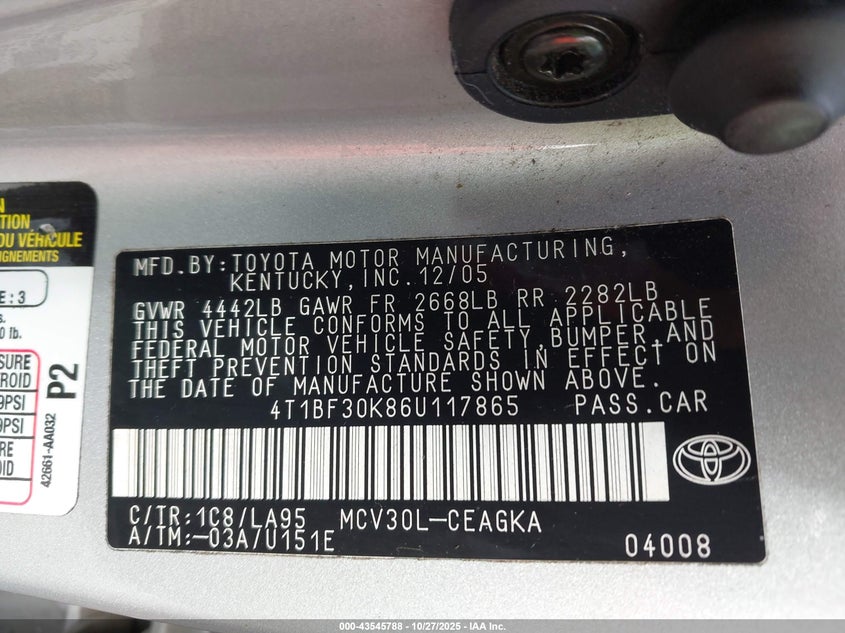 4T1BF30K86U117865 2006 TOYOTA CAMRY photo no. 9