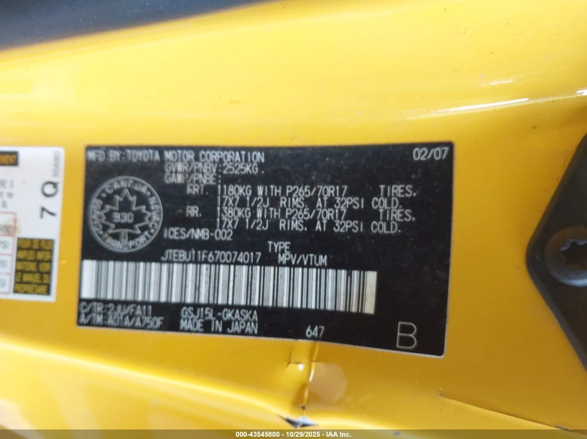 2007 Toyota Fj Cruiser VIN: JTEBU11F670074017 Lot: 43545800