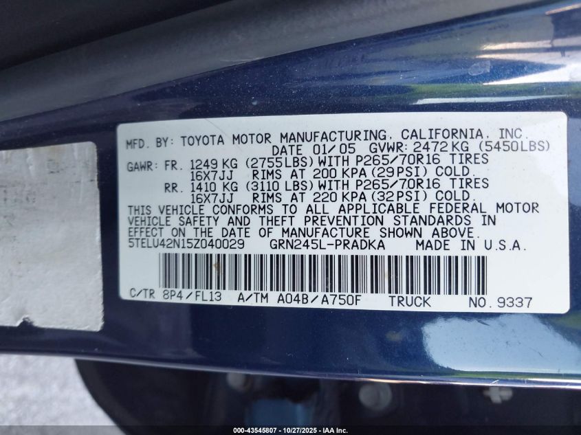 2005 Toyota Tacoma Base V6 VIN: 5TELU42N15Z040029 Lot: 43545807