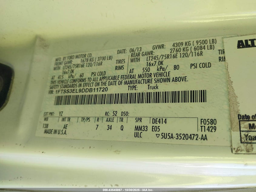 2013 Ford E-350 Super Duty Commercial VIN: 1FTSS3EL9DDB11720 Lot: 43545867