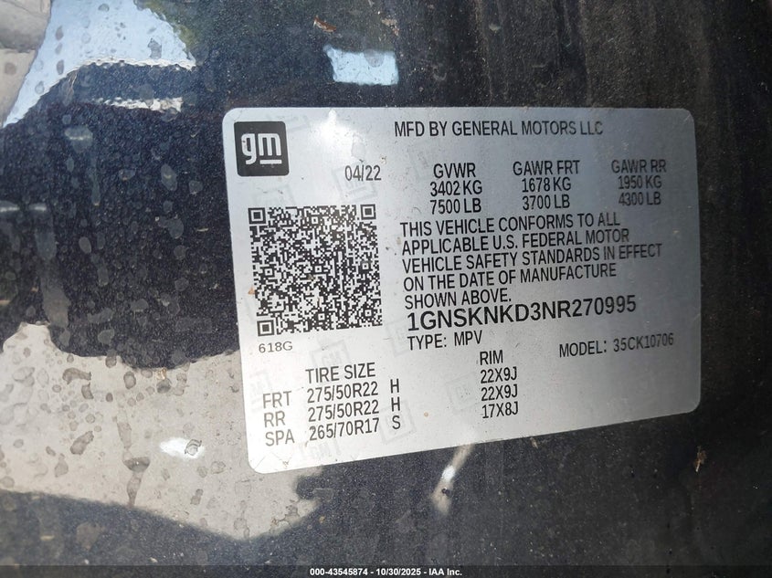 2022 Chevrolet Tahoe 4Wd Lt VIN: 1GNSKNKD3NR270995 Lot: 43545874