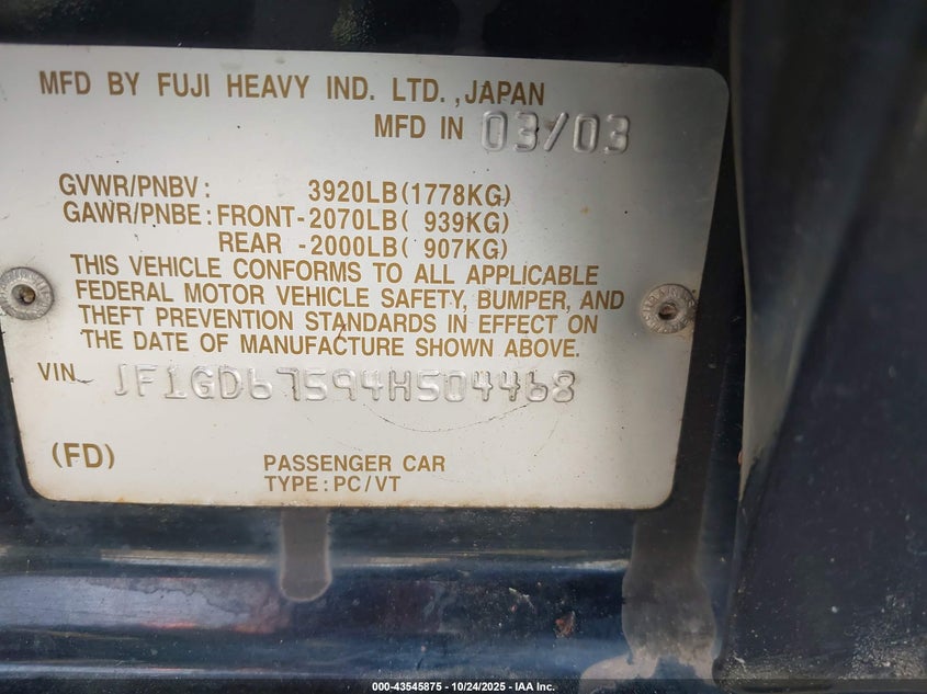 2004 Subaru Impreza 2.5Rs VIN: JF1GD67594H504468 Lot: 43545875