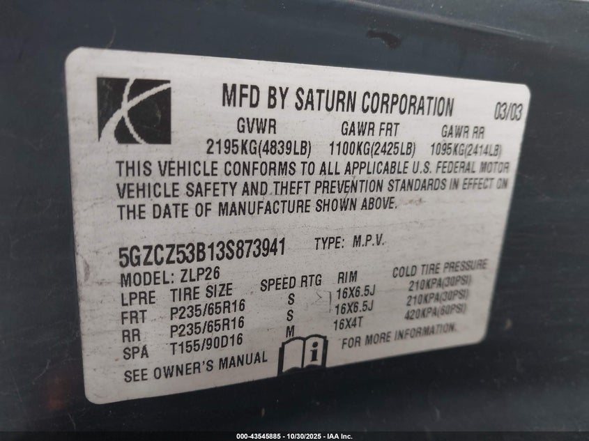 2003 Saturn Vue V6 VIN: 5GZCZ53B13S873941 Lot: 43545885