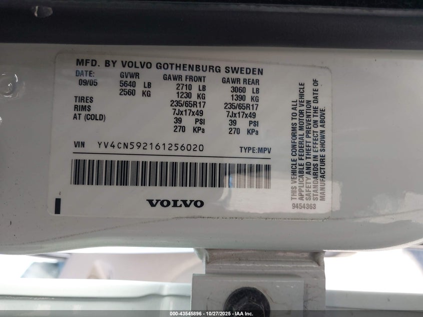 2006 Volvo Xc90 2.5T VIN: YV4CN592161256020 Lot: 43545896