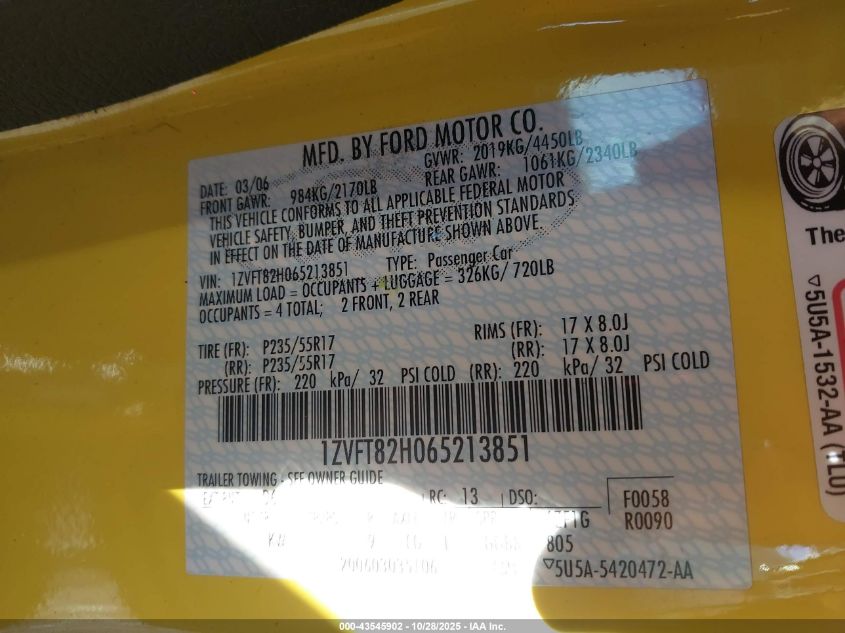 2006 Ford Mustang Gt VIN: 1ZVFT82H065213851 Lot: 43545902