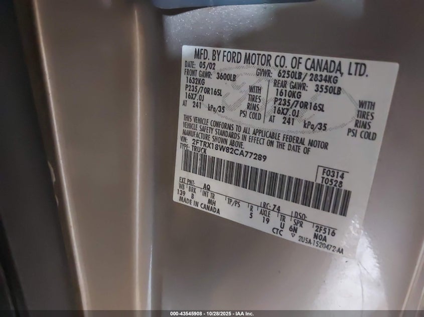 2002 Ford F-150 Lariat/Xl/Xlt VIN: 2FTRX18W82CA77289 Lot: 43545908