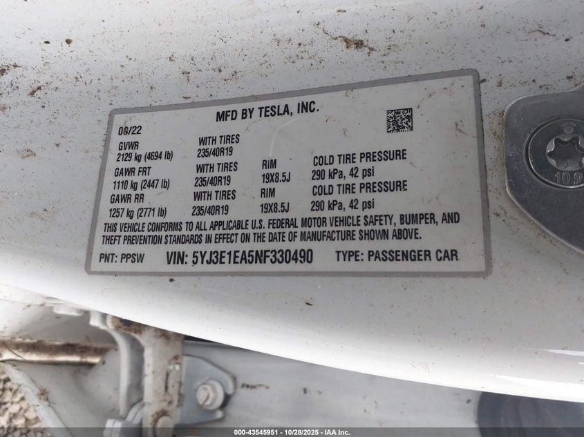 2022 TESLA MODEL 3 REAR-WHEEL DRIVE 5YJ3E1EA5NF330490