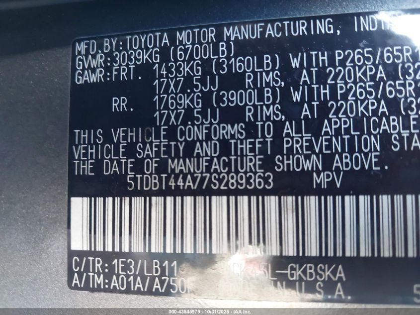 2007 Toyota Sequoia Sr5 V8 VIN: 5TDBT44A77S289363 Lot: 43545979