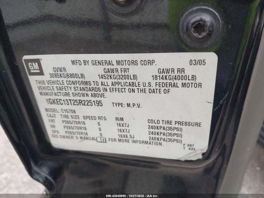 2005 GMC Yukon Sle VIN: 1GKEC13T25R225195 Lot: 43545998