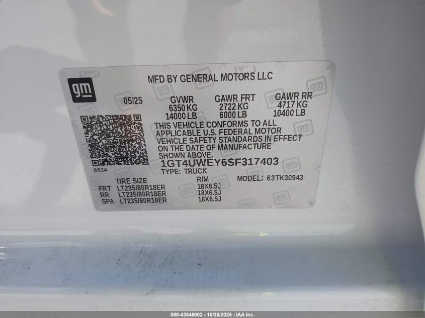 2025 GMC Sierra 3500Hd 4Wd Long Bed Denali VIN: 1GT4UWEY6SF317403 Lot: 43546002