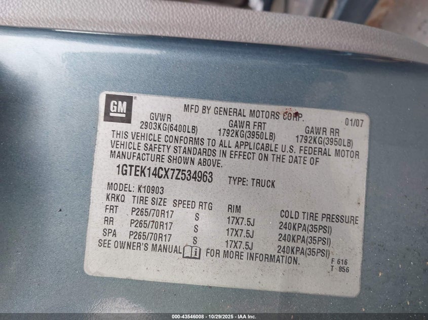 2007 GMC Sierra 1500 Work Truck VIN: 1GTEK14CX7Z534963 Lot: 43546008