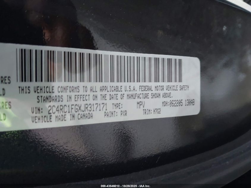 2018 Chrysler Pacifica Touring Plus VIN: 2C4RC1FGXJR317171 Lot: 43546010