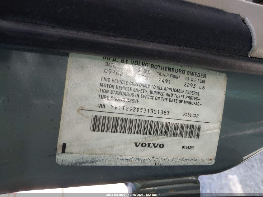 2003 Volvo S80 2.9 VIN: YV1TS92D531301383 Lot: 43546025
