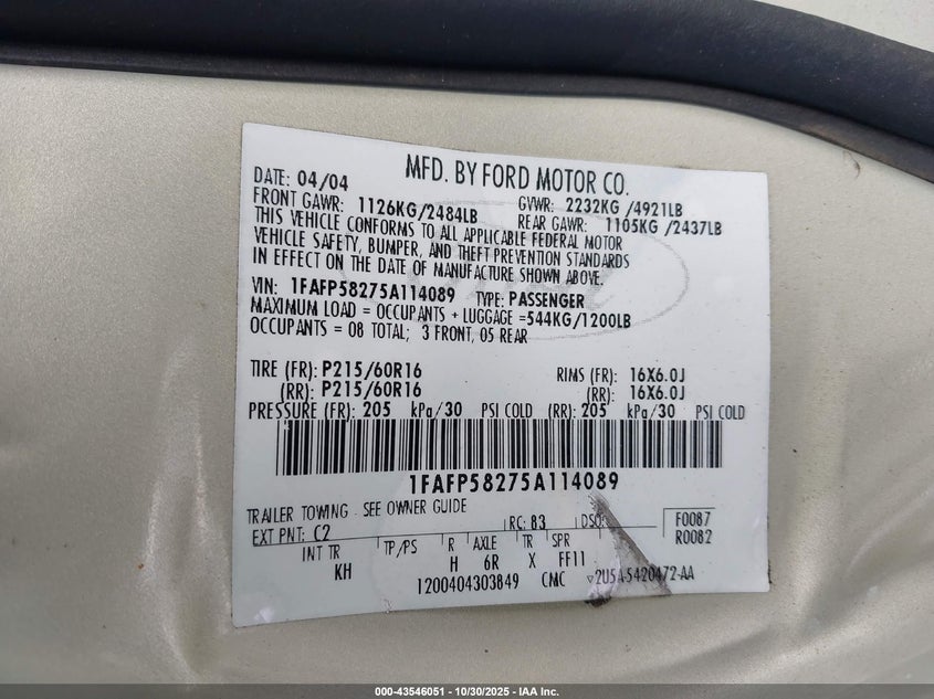 2005 Ford Taurus Se VIN: 1FAFP58275A114089 Lot: 43546051