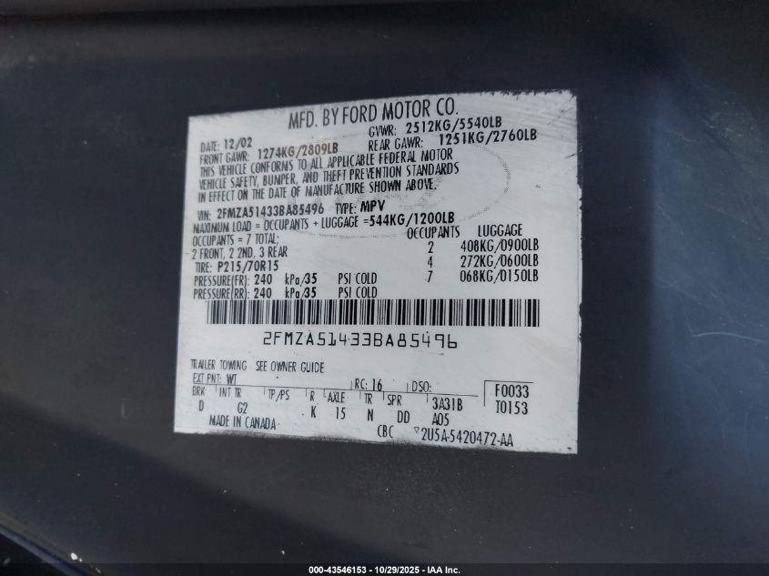 2003 Ford Windstar Lx VIN: 2FMZA51433BA85496 Lot: 43546153