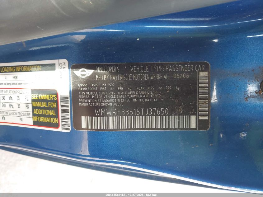 2006 Mini Cooper S VIN: WMWRE33516TJ37650 Lot: 43546167
