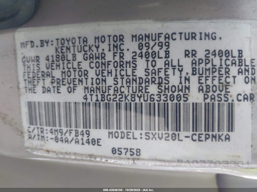 2000 Toyota Camry Le VIN: 4T1BG22K8YU633005 Lot: 43546185