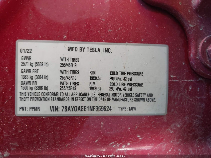 2022 Tesla Model Y Long Range Dual Motor All-Wheel Drive VIN: 7SAYGAEE1NF359524 Lot: 43546204