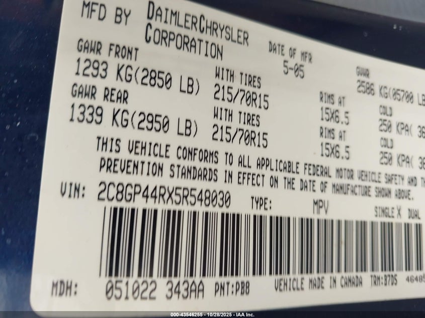 2005 Chrysler Town & Country Lx VIN: 2C8GP44RX5R54030 Lot: 43546255