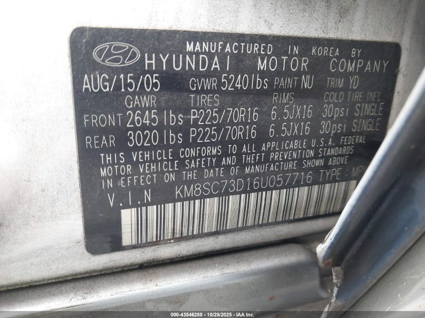 2006 Hyundai Santa Fe Gls VIN: KM8SC73D16U057716 Lot: 43546288