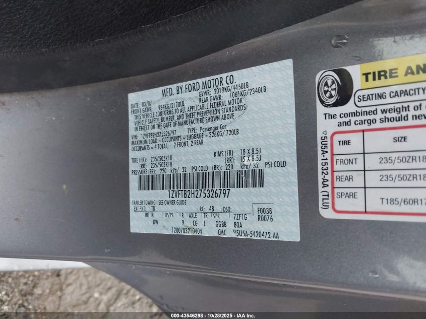 2007 Ford Mustang Gt Deluxe/Gt Premium VIN: 1ZVFT82H275326797 Lot: 43546298