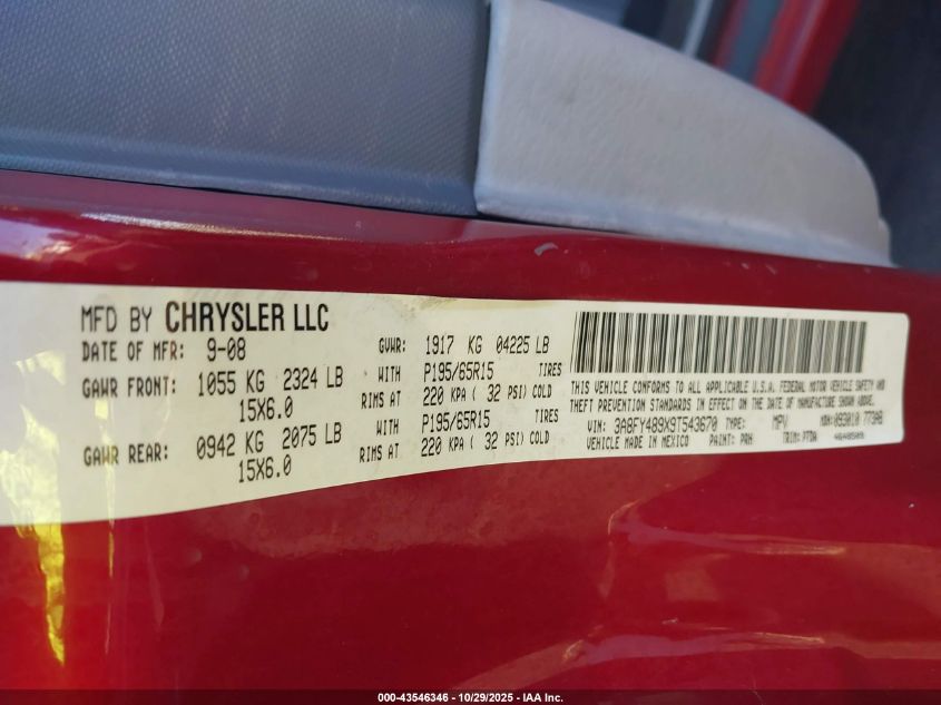 2009 Chrysler Pt Cruiser Lx VIN: 3A8FY489X9T543670 Lot: 43546346