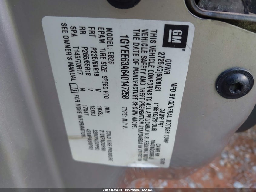 2004 Cadillac Srx V8 VIN: 1GYEE63A640147258 Lot: 43546378